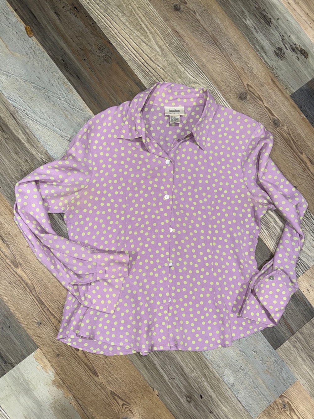 Neiman Marcus Lavender and Lime Polka Dot Silk Blouse